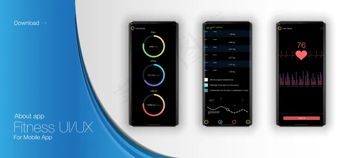 适用于手机app移动应用程序app的健身接口。网页设计和移动模板。不同的eps,ai矢量模版下载