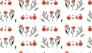 手绘抽象问候卡通秋季图形装饰无缝模式与浆果，树叶，树枝和苹果收获的白色背景。