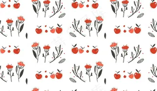 手绘抽象问候卡通秋季图形装饰无缝模式与浆果，树叶，树枝和苹果收获的白色背景。