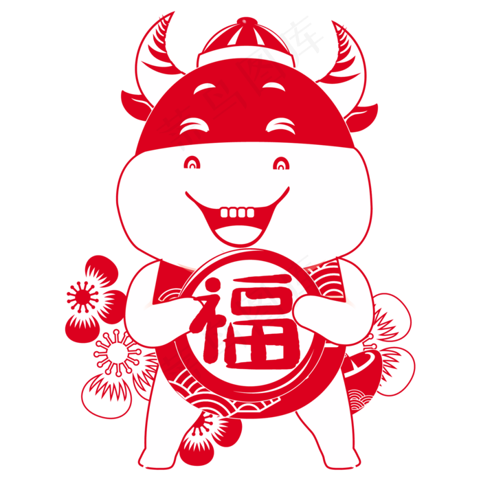 红色剪纸福牛(2000*2000px 300 dpi )ai矢量模版下载