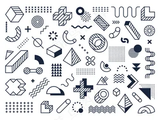 图形孟菲斯元素。复古几何元素，孟菲斯风格时髦现代印刷符号集合。复古的单色几何形状。当代包豪斯物品