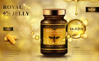 蜂王浆广告胶囊和滴液，金色背景