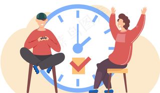 小男孩正坐在一个大闹钟旁边拿着游戏机玩电子游戏。那人高兴地举起手来扶那运动员。男性角色交流。背景上的大闹钟