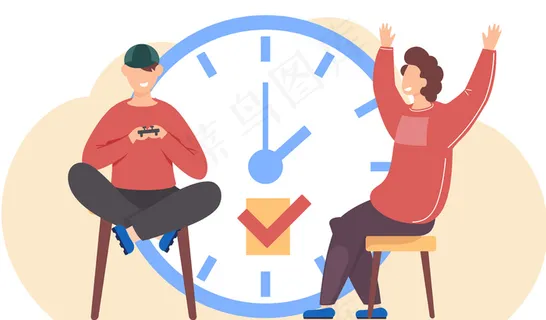 小男孩正坐在一个大闹钟旁边拿着游戏机玩电子游戏。那人高兴地举起手来扶那运动员。男性角色交流。背景上的大闹钟 小男孩正坐在一个大闹钟旁边拿着游戏机玩电子游戏。那人高兴地举起手来扶那运动员。男性角色交流。背景上的大闹钟