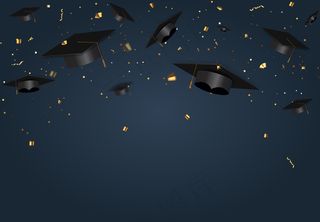 毕业班派对蓝色背景，带毕业帽和五彩纸屑