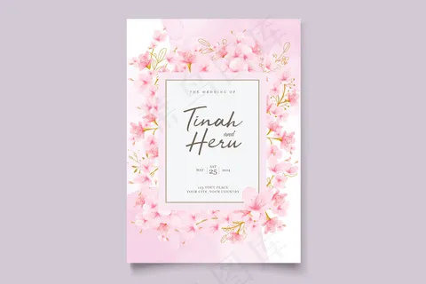 水彩樱花花卉和树叶卡套