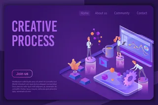 创意过程等距暗紫罗兰霓虹灯登陆页模板。