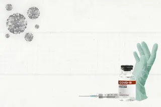 具有医用手套背景的 Covid-19 疫苗