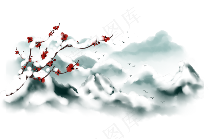 手绘水墨冬季梅花插画