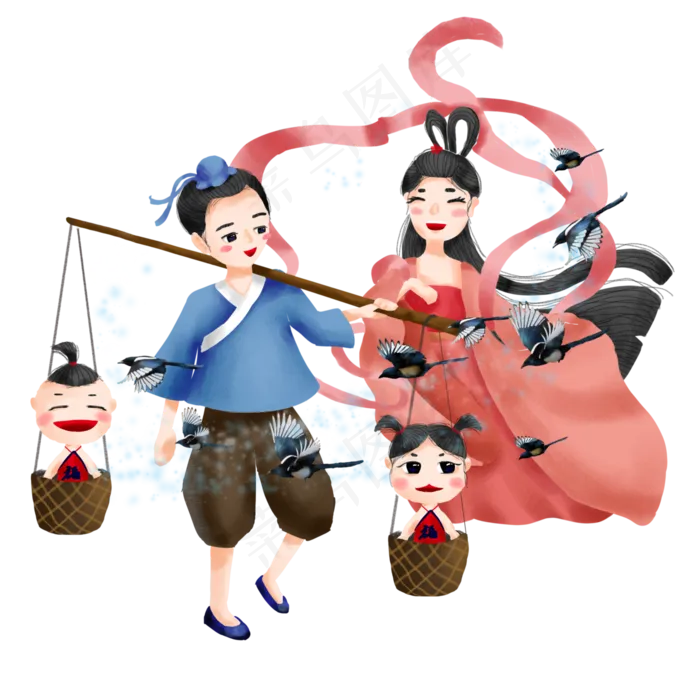 七夕情人节牛郎织女鹊桥会手绘海
