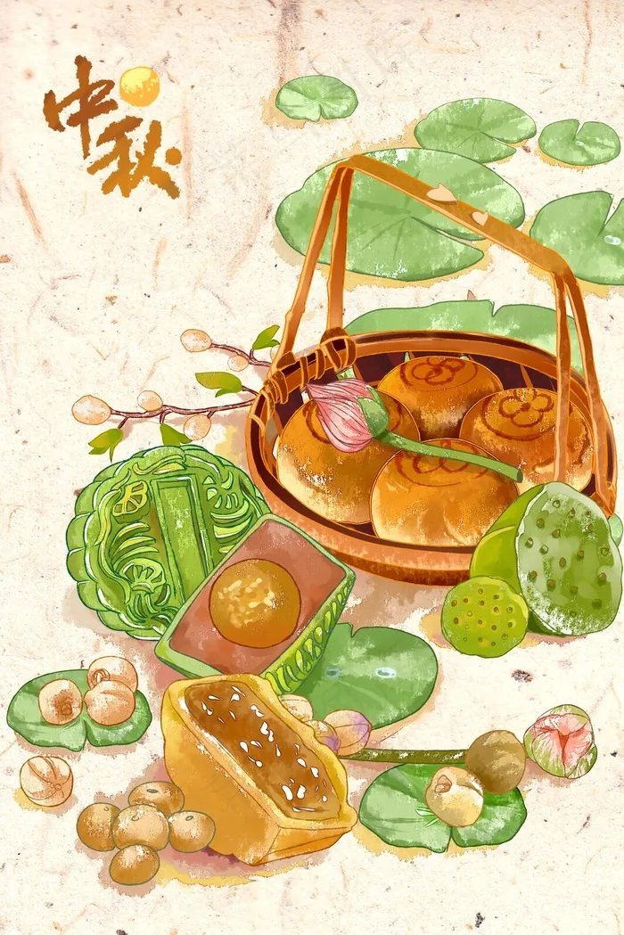 中国风古风水彩中秋节月饼团圆中秋配图中秋(3545*5315px 300 dpi )psd模版下载