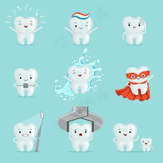 可爱的牙齿与不同的情绪设置。卡通详细插图