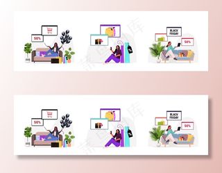 集混血女选购商品网上购物黑色星期五大卖场假日折扣概念全长水平矢量插图
