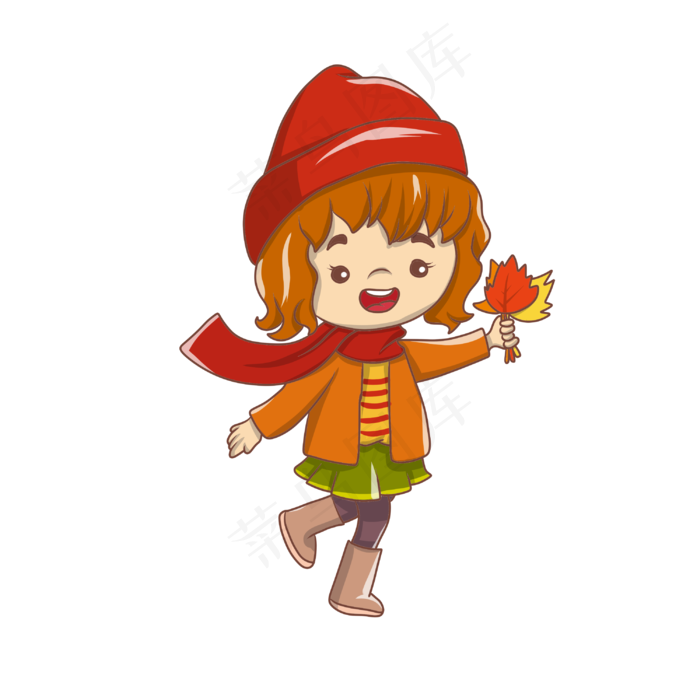 手绘卡通可爱秋天拿着叶子的女孩