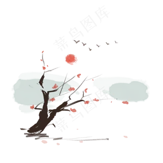 中国风水彩水墨梅花山水画