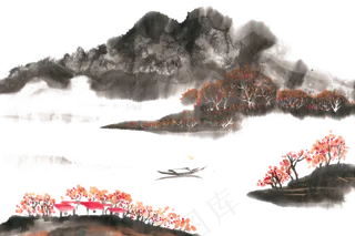 山中秋天水墨画PNG免抠素材