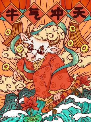 牛年插画 牛年海报 新春海报