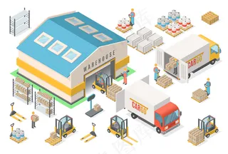 等轴测仓库图标集，方案，物流