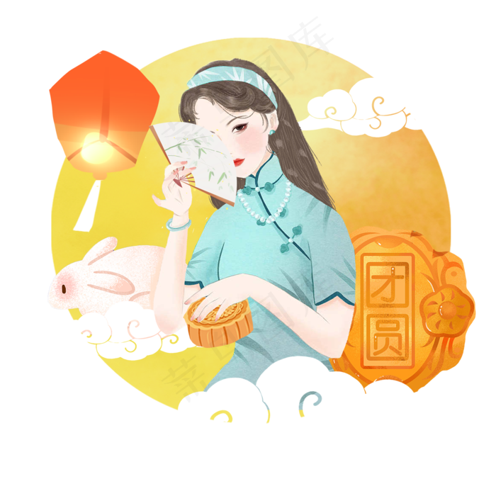 中秋古风赏月吃月饼女人png素材(2000X2000(DPI:300))psd模版下载