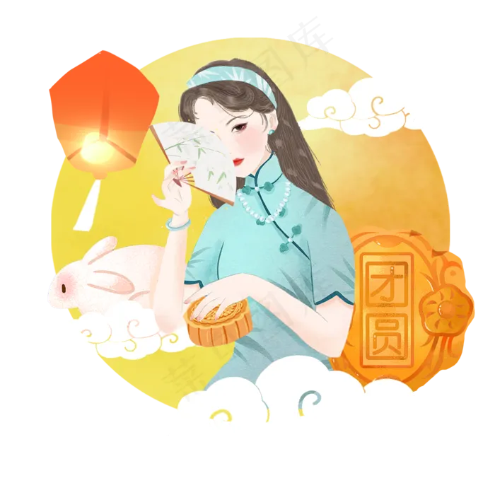 中秋古风赏月吃月饼女人png素材(2000X2000(DPI:300))psd模版下载