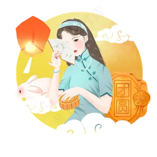 中秋古风赏月吃月饼女人png素材