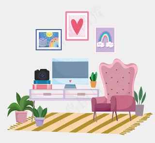 家庭办公室内部工作区椅子电脑相机书籍和墙上图片插图