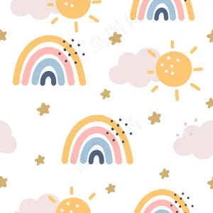 彩虹和星星在紫色背景上的无缝图案。斯堪的纳维亚风格