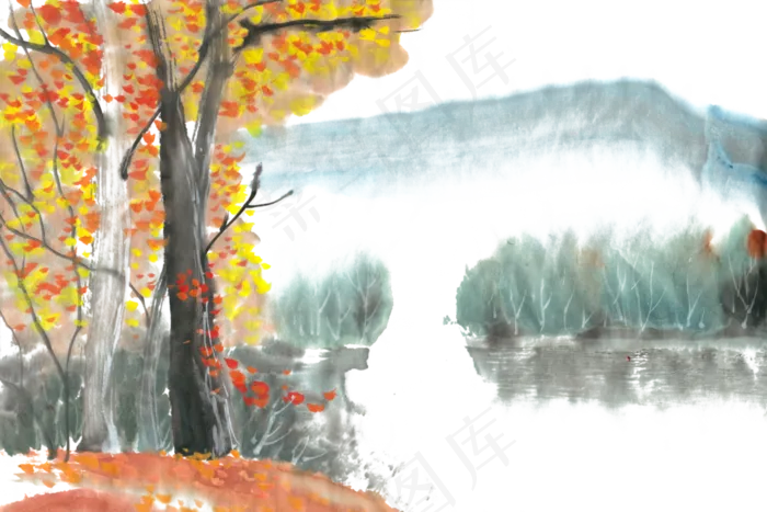金色的秋天水墨画PNG免抠素材(3543X4724(DPI:150))psd模版下载