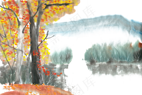 金色的秋天水墨画PNG免抠素材