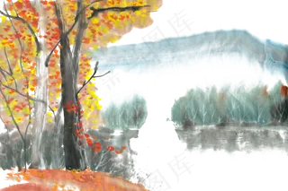 金色的秋天水墨画PNG免抠素材