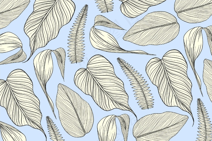 线性热带叶子，有柔和的颜色背景