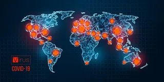 新型冠状病毒，在蓝色背景下由国家传播。世界。