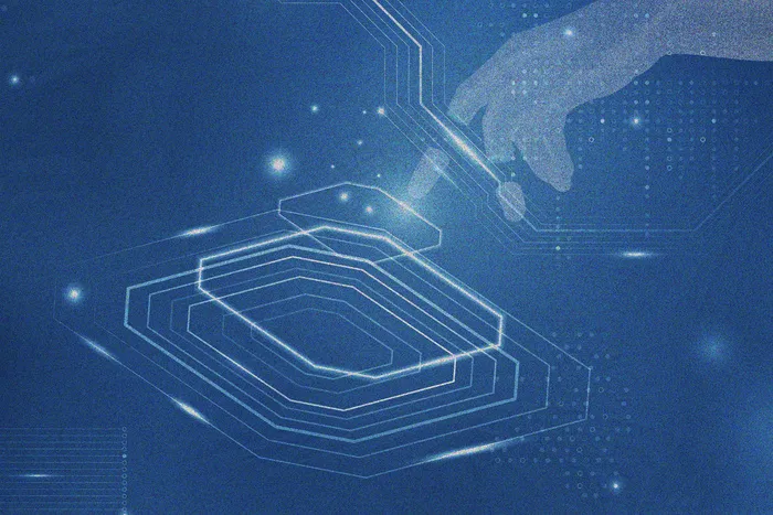 蓝色的 Ai 颠覆性技术背景与机械手重新混合媒体