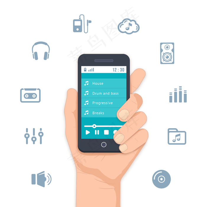 手持移动mp3播放器，屏幕上有音乐列表，周围有各种各样的音乐和娱乐