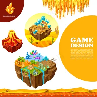 等距游戏风景模板与火山棕榈干树石头矿物晶体沙漠宝箱钟乳石