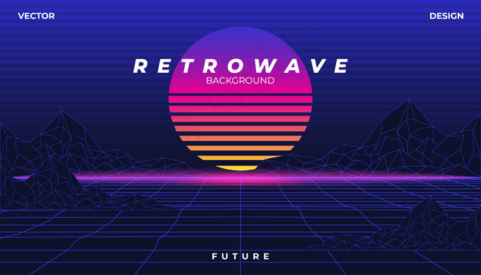 Retrowave赛博霓虹背景景观80年代风格。eps,ai矢量模版下载