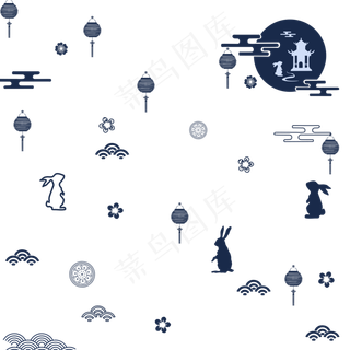 中秋蓝色兔子灯笼花纹漂浮