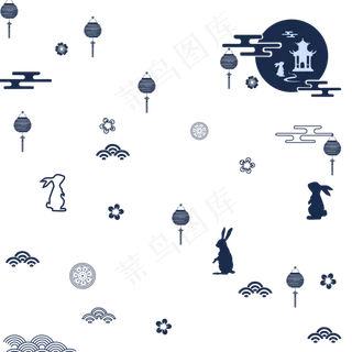 中秋蓝色兔子灯笼花纹漂浮