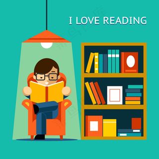 我喜欢读书。男人坐在椅子上，在书架旁边读你最喜欢的书。矢量图