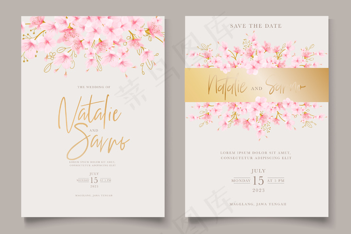 水彩樱花花卉和树叶卡套