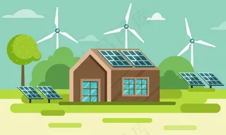 以绿色自然为背景，配以房屋插图、太阳能电池板和风车的乡村或乡村景观。