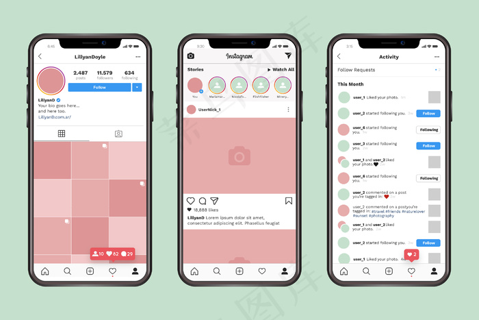 Instagram个人资料与手机接口模板eps,ai矢量模版下载