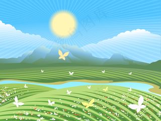 春季农场景观。山上的绿色田野，河边有鲜花和蝴蝶。