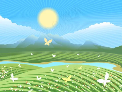 春季农场景观。山上的绿色田野,河边有鲜花和蝴蝶。 春季农场景观。山上的绿色田野,河边有鲜花和蝴蝶。