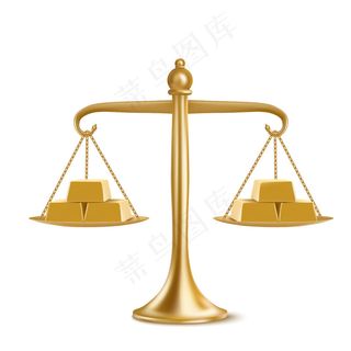 体重秤上的金条在白色背景上隔离。金色天秤座和黄色金属锭的真实插图。金融平等、平衡与货币比较的概念