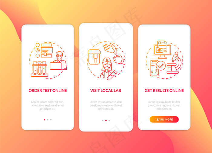 正在请求实验室测试车载手机app移动应用程序app页面屏幕概念。参观当地实验室，程序结果演练3步图形说明。带有rgb颜色插图的ui模板eps,ai矢量模版下载