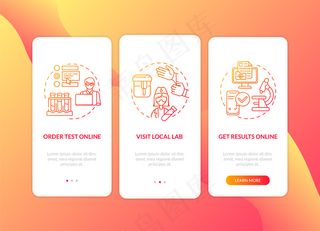 正在请求实验室测试车载手机app移动应用程序app页面屏幕概念。参观当地实验室，程序结果演练3步图形说明。带有rgb颜色插图的ui模板