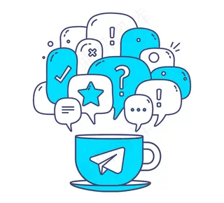 带有图标的蓝色对话框语音泡泡和白色背景上的一杯咖啡的图示。通信技术