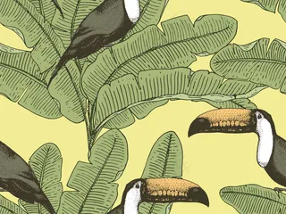 Seamles复古热带图案，有叶子，手工绘制或缠绕。复古的叶子和植物