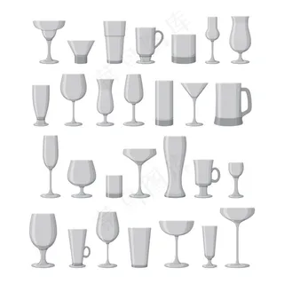 葡萄酒、马提尼、香槟、啤酒和其他饮料杯。插图。